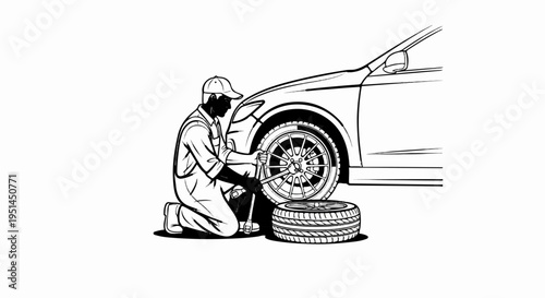 Mechanic kneeling, changing a car tire with a jack and spare