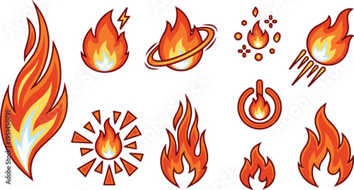 Fire Flame Icon Set with Cartoon Burning Blaze Heat Energy and Flame Symbols