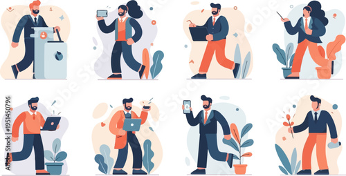 Stylized people in suits engaged in various activities