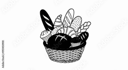 Black and white sketch of various baked goods overflowing from a wicker basket