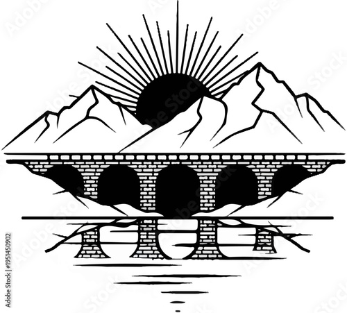 Wallpaper Mural Sun rising over mountains, reflected bridge, and water surface Torontodigital.ca