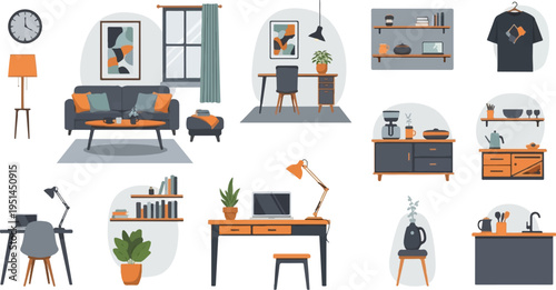 Assorted home interior elements and decor items depicted in a flat style