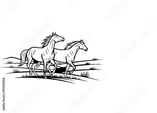 Two horses gallop across a grassy plain