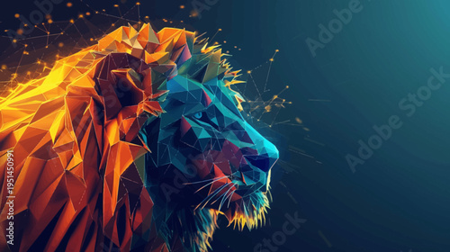 Abstract polygonal lion portrait with geometric design and gradient background