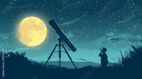 Observing the night sky silhouette of a person with a telescope and moon