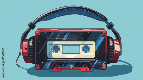 Retro cassette tape with headphones illustration on blue background