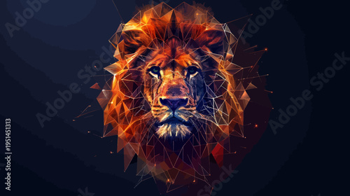 Geometric lion portrait with fiery colors on a dark background