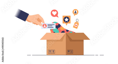 Personalized Customer Experience Delivery. Hand places user card into box with loyalty, engagement, and special offer icons.