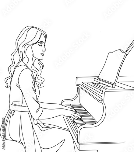 elegant woman playing grand piano, graceful monoline art illustration for music education and coloring book.