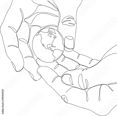 human hands holding small globe, symbolic monoline drawing representing global care, environment, and world unity.