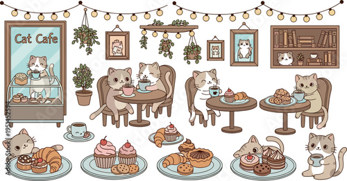 Cute Cat Cafe Scene Illustration Set with Kittens Desserts Coffee and Cozy Interior