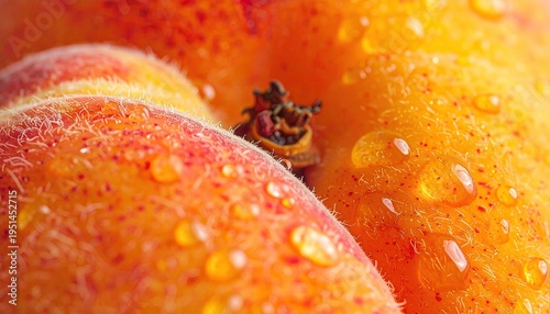 Macro shot of ripe apricots covered in water droplets showcasing the fruit's vibrant orange color and fuzzy texture for fresh food concepts