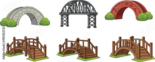 Bridge illustration set, stone arch vector design, metal truss art, brick bridge icon, wooden pedestrian walkway graphic, architectural structure symbol