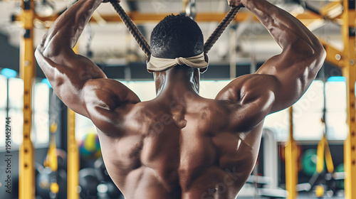 Muscular man training back in gym strength workout fitness concept