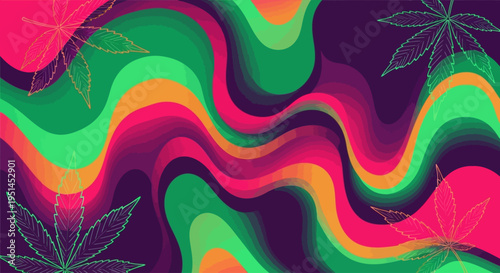 Psychedelic cannabis background with wavy lines and marijuana leaves, vibrant colors, trippy design, abstract art, vintage 70s aesthetic