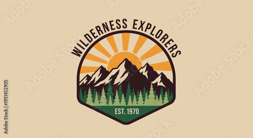 Vintage wilderness explorers badge with mountains, sun, and pine trees, established 1970, on a beige background.