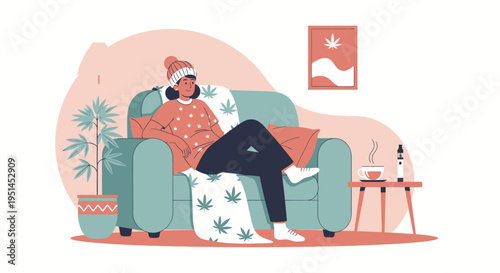 Cozy woman relaxing on couch with cannabis-themed blanket and artwork, enjoying a calm moment at home