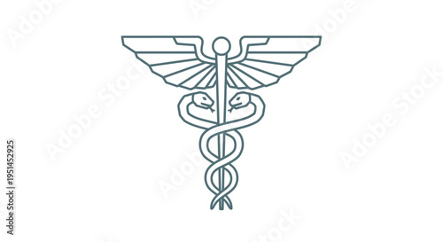 A detailed line art illustration of the Caduceus symbol, featuring a winged staff entwined by two snakes, representing medicine and healthcare.