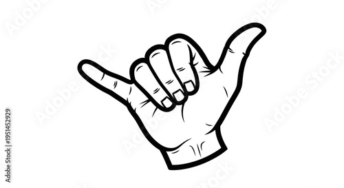 Black and white line art illustration of a hand making the shaka sign, commonly known as hang loose, with thumb and pinky extended.