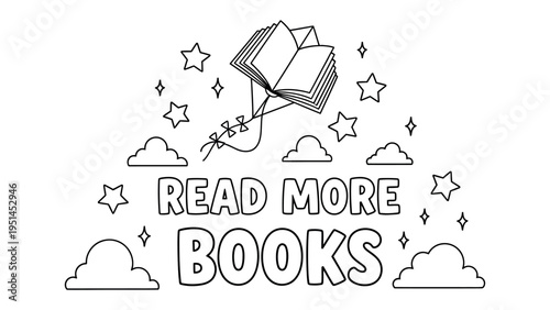 Kite Book Illustration: A whimsical illustration with a book as a kite, encouraging readers to explore the world through literature, all under the embrace of clouds and stars. 