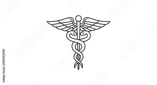 A black and white illustration of the Caduceus symbol, featuring a winged staff entwined by two snakes, representing medicine and commerce.