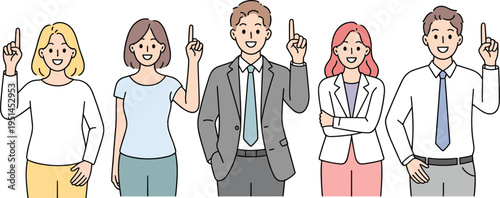 Cartoon group teamwork illustration, unity vector design, business casual character art, professional posture icon, agreement graphic, collective decision symbol, smiling people
