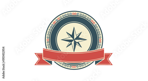 Vintage nautical emblem with a compass rose in a circular frame and a blank red banner below, symbolizing exploration.