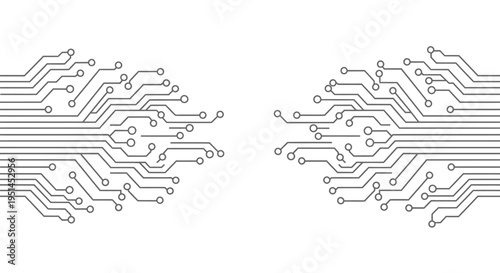Symmetrical grey circuit board patterns on a white background, depicting electronic pathways and connections for modern technology.