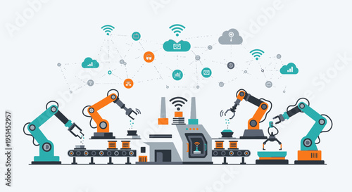 Automated factory with robotic arms on a production line, connected by a network of cloud computing and wireless technology, representing Industry 4.0 and smart manufacturing.