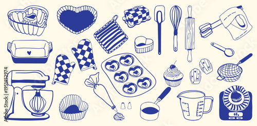 Hand drawn baking essentials vector set in cozy doodle sketch style. Mixer, cupcake molds, rolling pin, whisk, oven mitts and pastry tools. Cute home bakery collection. Minimal blue outline baking set