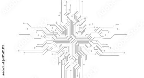Abstract white circuit board pattern forming a symmetrical cross on a clean background, representing digital technology and connectivity.