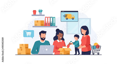 Happy Family Managing Online E-commerce Business: Shipping, Delivery & Customer Service