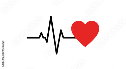 Electrocardiogram Heartbeat Line with Red Heart Symbol on Isolated White Background