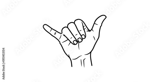 Black and white line art illustration of a hand making the shaka sign, with thumb and pinky extended.