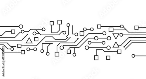 Abstract black and white circuit board pattern with geometric shapes representing technology and digital connections.