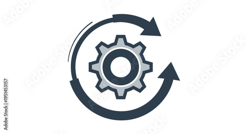 A dark grey gear icon encircled by two arrows indicating a continuous process or update cycle.