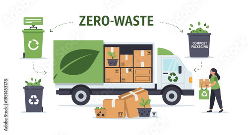 Sustainable Zero Waste Delivery Logistics. Eco-Friendly Packaging & Recycling Process. Green Transportation & Environmental Protection Concept.