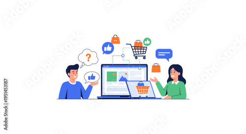 E-commerce Customer Journey & Online Shopping Experience Illustration: Digital Marketing, Support, & User Feedback Concept
