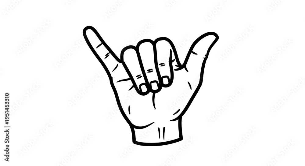Fototapeta premium Hand Showing Shaka Hang Loose Gesture Line Art on Isolated White Background