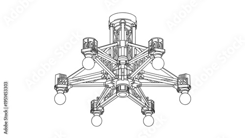 Detailed line drawing of a complex industrial chandelier or lighting fixture, representing engineering design, architectural lighting, or advanced technology.