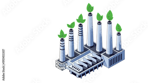 Green factory with smoke stacks emitting green leaves, symbolizing eco-friendly industry, sustainable manufacturing, or reduced carbon footprint.