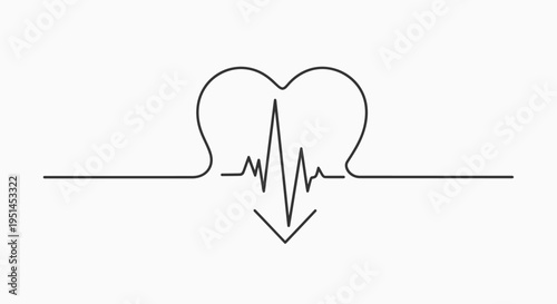 Minimalist continuous line drawing of a heart with an electrocardiogram (ECG) pulse wave, symbolizing health, love, and medical care.