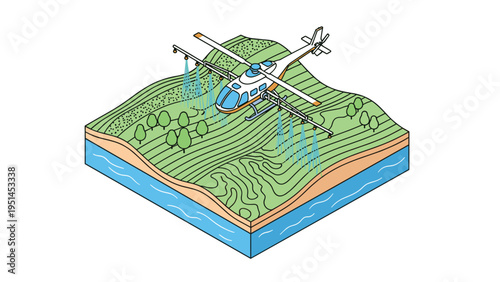 Agricultural helicopter spraying pesticides over a hilly landscape with a river, illustrating large-scale farming and environmental impact.