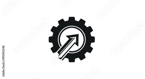 Black gear icon with an upward-pointing arrow symbolizing progress, settings, optimization, and technological advancement.