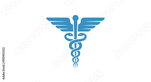 A clear blue caduceus symbol, representing medicine and healthcare, centered on a plain white background.