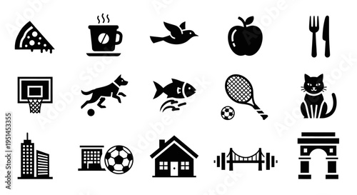 A collection of black silhouette icons representing various objects, animals, food, sports, and buildings on a white background.