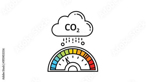 Cloud emitting CO2 rain over a colorful gauge, symbolizing carbon footprint measurement, pollution levels, or climate change impact.