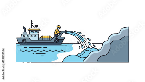 Industrial ship discharging wastewater into a river or ocean, illustrating marine pollution, environmental damage, and waste disposal.