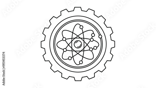 Outline illustration of a gear with an atom symbol at its center, representing engineering, scientific technology, or mechanical innovation.