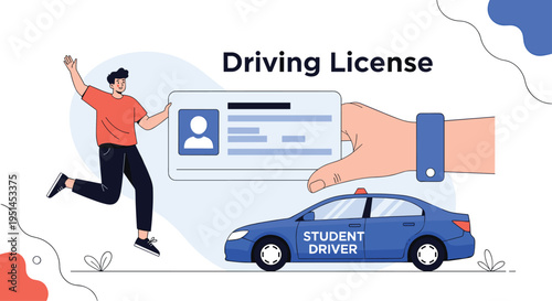 Happy young man jumps with joy after receiving his new driving license near a blue car marked for student drivers.